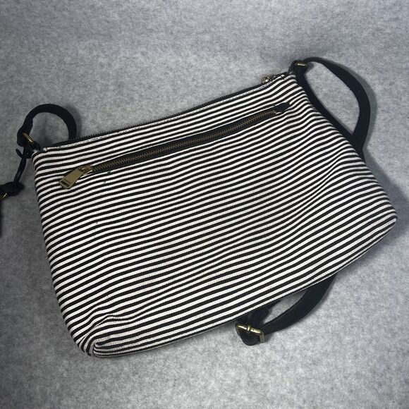 Fossil Crossbody Bag Womens Black White Stripe‎ Canvas Brown Leather Pocket Key - Picture 7 of 16